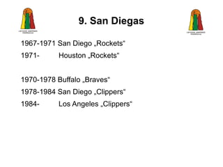 9. San Diegas

1967-1971 San Diego „Rockets“
1971-      Houston „Rockets“


1970-1978 Buffalo „Braves“
1978-1984 San Diego „Clippers“
1984-      Los Angeles „Clippers“
 