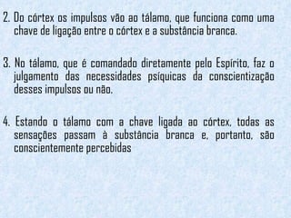 2. Do córtex os impulsos vão ao tálamo, que funciona como uma chave de ligação entre o córtex e a substância branca. 3. No tálamo, que é comandado diretamente pelo Espírito, faz o julgamento das necessidades psíquicas da conscientização desses impulsos ou não. 4. Estando o tálamo com a chave ligada ao córtex, todas as sensações passam à substância branca e, portanto, são conscientemente percebidas 