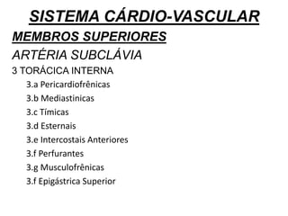 SISTEMA CÁRDIO-VASCULAR
MEMBROS SUPERIORES
ARTÉRIA SUBCLÁVIA
3 TORÁCICA INTERNA
3.a Pericardiofrênicas
3.b Mediastinicas
3.c Tímicas
3.d Esternais
3.e Intercostais Anteriores
3.f Perfurantes
3.g Musculofrênicas
3.f Epigástrica Superior
 