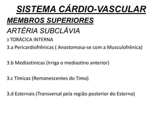 SISTEMA CÁRDIO-VASCULAR
MEMBROS SUPERIORES
ARTÉRIA SUBCLÁVIA
3 TORÁCICA INTERNA
3.a Pericardiofrênicas ( Anastomosa-se com a Musculofrênica)
3.b Mediastinicas (Irriga o mediastino anterior)
3.c Tímicas (Remanescentes do Timo)
3.d Esternais (Transversal pela região posterior do Esterno)
 