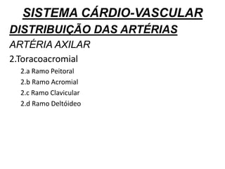 SISTEMA CÁRDIO-VASCULAR
DISTRIBUIÇÃO DAS ARTÉRIAS
ARTÉRIA AXILAR
2.Toracoacromial
2.a Ramo Peitoral
2.b Ramo Acromial
2.c Ramo Clavicular
2.d Ramo Deltóideo
 