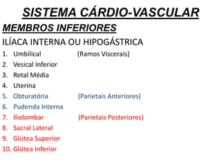 SISTEMA CÁRDIO-VASCULAR
MEMBROS INFERIORES
ILÍACA INTERNA OU HIPOGÁSTRICA
1. Umbilical (Ramos Viscerais)
2. Vesical Inferior
3. Retal Média
4. Uterina
5. Obturatória (Parietais Anteriores)
6. Pudenda Interna
7. Iliolombar (Parietais Posteriores)
8. Sacral Lateral
9. Glútea Superior
10. Glútea Inferior
 