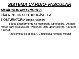 SISTEMA CÁRDIO-VASCULAR
MEMBROS INFERIORES
ILÍACA INTERNA OU HIPOGÁSTRICA
5.OBTURATÓRIA (Ramo Anterior)
Segue anteriormente na membrana Obturadora. Distribui
ramos para os músculos: Pectíneo; Obturador Externo; Adutores
e Grácil.
Anastomosa-se com a A. Circunflexa Femoral Medial
 