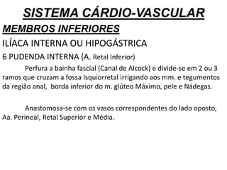 SISTEMA CÁRDIO-VASCULAR
MEMBROS INFERIORES
ILÍACA INTERNA OU HIPOGÁSTRICA
6 PUDENDA INTERNA (A. Retal Inferior)
Perfura a bainha fascial (Canal de Alcock) e divide-se em 2 ou 3
ramos que cruzam a fossa Isquiorretal irrigando aos mm. e tegumentos
da região anal, borda inferior do m. glúteo Máximo, pele e Nádegas.
Anastomosa-se com os vasos correspondentes do lado oposto,
Aa. Perineal, Retal Superior e Média.
 