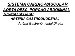 SISTEMA CÁRDIO-VASCULAR
AORTA DESC. PORÇÃO ABDOMINAL
TRONCO CELÍACO
ARTÉRIA GASTRODUODENAL
Artéria Gastro-Omental Direita
 