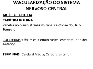 VASCULARIZAÇÃO DO SISTEMA
NERVOSO CENTRAL
ARTÉRIA CARÓTIDA
CARÓTIDA INTERNA
Penetra no crânio através do canal carotídeo do Osso
Temporal.
COLATERAIS: Oftálmica; Comunicante Posterior; Corióidea
Anterior.
TERMINAIS: Cerebral Média; Cerebral anterior
 