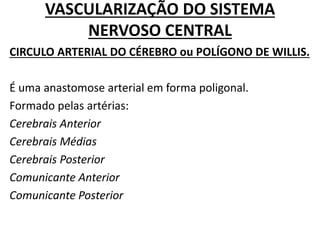 VASCULARIZAÇÃO DO SISTEMA
NERVOSO CENTRAL
CIRCULO ARTERIAL DO CÉREBRO ou POLÍGONO DE WILLIS.
É uma anastomose arterial em forma poligonal.
Formado pelas artérias:
Cerebrais Anterior
Cerebrais Médias
Cerebrais Posterior
Comunicante Anterior
Comunicante Posterior
 