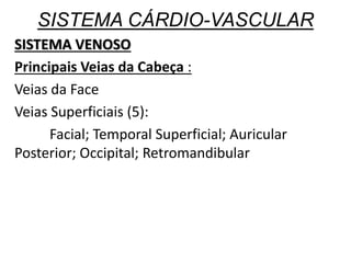 SISTEMA CÁRDIO-VASCULAR
SISTEMA VENOSO
Principais Veias da Cabeça :
Veias da Face
Veias Superficiais (5):
Facial; Temporal Superficial; Auricular
Posterior; Occipital; Retromandibular
 