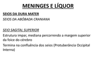 MENINGES E LÍQUOR
SEIOS DA DURA MATER
SEIOS DA ABÓBADA CRANIANA
SEIO SAGITAL SUPERIOR
Estrutura impar, mediana percorrendo a margem superior
da foice do cérebro
Termina na confluência dos seios (Protuberância Occipital
Interna)
 