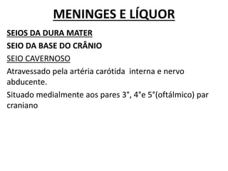 MENINGES E LÍQUOR
SEIOS DA DURA MATER
SEIO DA BASE DO CRÂNIO
SEIO CAVERNOSO
Atravessado pela artéria carótida interna e nervo
abducente.
Situado medialmente aos pares 3°, 4°e 5°(oftálmico) par
craniano
 