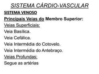 SISTEMA CÁRDIO-VASCULAR
SISTEMA VENOSO
Principais Veias do Membro Superior:
Veias Superficiais:
Veia Basílica.
Veia Cefálica.
Veia Intermédia do Cotovelo.
Veia Intermédia do Antebraço.
Veias Profundas:
Segue as artérias
 