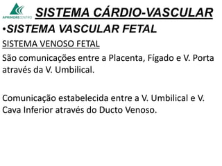 SISTEMA CÁRDIO-VASCULAR
•SISTEMA VASCULAR FETAL
SISTEMA VENOSO FETAL
São comunicações entre a Placenta, Fígado e V. Porta
através da V. Umbilical.
Comunicação estabelecida entre a V. Umbilical e V.
Cava Inferior através do Ducto Venoso.
 
