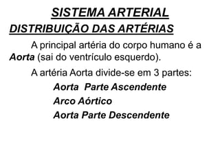 SISTEMA ARTERIAL
DISTRIBUIÇÃO DAS ARTÉRIAS
A principal artéria do corpo humano é a
Aorta (sai do ventrículo esquerdo).
A artéria Aorta divide-se em 3 partes:
Aorta Parte Ascendente
Arco Aórtico
Aorta Parte Descendente
 