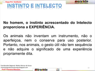 Etapa Pré -Vestibular 
No homem, o instinto acrescentado do Intelecto 
proporciona a EXPERIÊNCIA. 
Os animais não inventam um instrumento, não o 
aperfeiçoa, nem o conserva para uso posterior. 
Portanto, nos animais, o gesto útil não tem sequência 
e não adquire o significado de uma experiência 
propriamente dita. 
Prof.º Flaviano Menezes 
13 
Coordenador Regional: Walter Alencar de Sousa 
maranhaoprofissionaluresjp.blogspot.com 
 