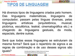 Etapa Pré -Vestibular 
Há diversos tipos de linguagens criados pelo homem. 
Das linguagens matemáticas, linguagens de 
computador, passam pelas línguas diversas, pelas 
linguagens artísticas (arquitetônica, musical, 
pictórica, escultórica, teatral, cinematográfica etc.) e 
chegando às linguagens gestuais, da moda, 
espaciais, dentre outras. 
Será que todas essas linguagens se estruturam da 
mesma forma? Será que o repertório de signos e as 
regras de combinação e de uso desses signos são 
iguais? 
rof.º Flaviano Menezes 
21 
Coordenador Regional: Walter Alencar de Sousa 
maranhaoprofissionaluresjp.blogspot.com 
 