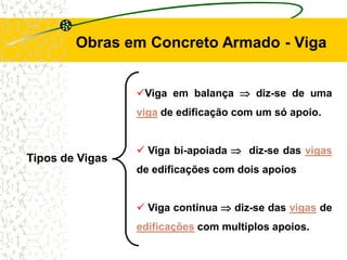 Tipos de Vigas
Obras em Concreto Armado - Viga
Viga em balança  diz-se de uma
viga de edificação com um só apoio.
 Viga bi-apoiada  diz-se das vigas
de edificações com dois apoios
 Viga continua  diz-se das vigas de
edificações com multiplos apoios.
 