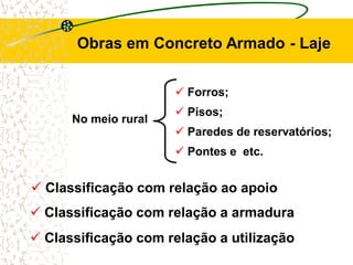 No meio rural
 Forros;
 Pisos;
 Paredes de reservatórios;
 Pontes e etc.
 Classificação com relação ao apoio
 Classificação com relação a armadura
 Classificação com relação a utilização
Obras em Concreto Armado - Laje
 
