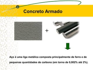 Concreto Armado
+
Aço é uma liga metálica composta principalmente de ferro e de
pequenas quantidades de carbono (em torno de 0,002% até 2%).
 