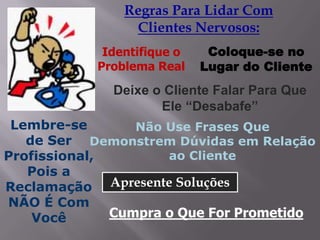 Regras Para Lidar Com
Clientes Nervosos:
Identifique o
Problema Real

Coloque-se no
Lugar do Cliente

Deixe o Cliente Falar Para Que
Ele “Desabafe”
Lembre-se
Não Use Frases Que
de Ser Demonstrem Dúvidas em Relação
ao Cliente
Profissional,
Pois a
Reclamação Apresente Soluções
NÃO É Com
Cumpra o Que For Prometido
Você

 