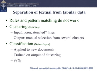 Separation of textual from tabular data
• Rules and pattern matching do not work
• Clustering (k-means)
   – Input: „concatenated” lines
   – Output: manual selection from several clusters
• Classification (Naive-Bayes)
   – Applied to new documents
   – Trained on output of clustering
   – 98%
                This work was partially supported by TÁMOP-4.2.1.B-11/2/KMR-2011-0002
 