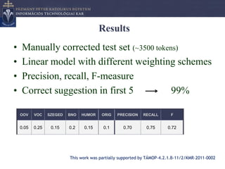 Results
•   Manually corrected test set (~3500 tokens)
•   Linear model with different weighting schemes
•   Precision, recall, F-measure
•   Correct suggestion in first 5           99%

    OOV    VOC    SZEGED   BNO   HUMOR    ORIG   PRECISION   RECALL       F


    0.05   0.25    0.15    0.2   0.15     0.1       0.70       0.75      0.72




                           This work was partially supported by TÁMOP-4.2.1.B-11/2/KMR-2011-0002
 