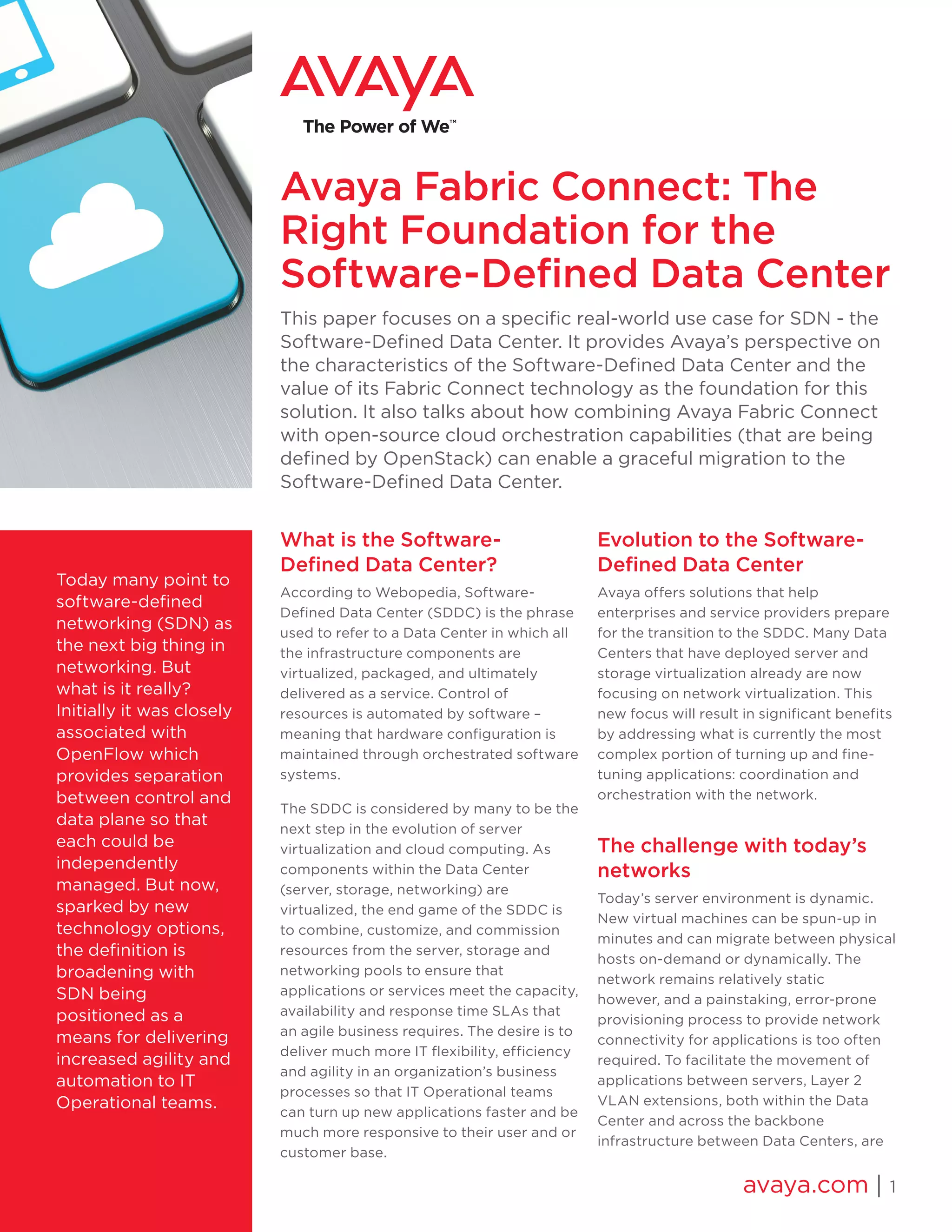 Avaya Fabric Connect The Right Foundation for the SoftwareDefined