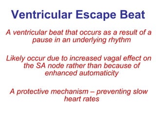 Ventricular Escape Beat A ventricular beat that occurs as a result of a pause in an underlying rhythm Likely occur due to increased vagal effect on the SA node rather than because of enhanced automaticity A protective mechanism – preventing slow heart rates 
