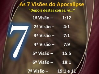 As 7 Visões do Apocalipse
“Depois destas coisas, vi...”
1ª Visão – 1:12
2ª Visão – 4:1
3ª Visão – 7:1
4ª Visão – 7:9
5ª Visão – 15:5
6ª Visão – 18:1
7ª Visão – 19:1 e 11
 