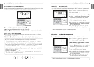 18 INSTRUÇÕES PARA O PROPRIETÁRIO
PORTUGUESE
INSTRUÇÕES PARA O PROPRIETÁRIO 19
PORTUGUESE
Prima o botão C repetidamente até aparecer o
ícone do humidificador I.
Ligue / desligue o humidificador premindo o botão K.
h O ícone I é apresentado no caso da opção de
configuração e desaparece no caso contrário.
Prima o botão L depois da configuração.
h Se 25 segundos após a configuração não tiver sido
selecionado nenhum botão, sai automaticamente
do modo de configuração.
h Se o botão K não for selecionado antes de
sair, as modificações não serão aplicadas.
• Alguns produtos podem não incluir a função humidificação.
Prima o botão C repetidamente até aparecer o
ícone do repelente de mosquitos .
Ligado / Desligado a função repelente de mosqui-
tos premindo o botão K.
h O ícone é apresentado no caso da opção de
configuração e desaparece no caso contrário.
Prima o botão L depois da configuração.
h Se 25 segundos após a configuração não tiver sido
selecionado nenhum botão, sai automaticamente
do modo de configuração.
h Se o botão K não for selecionado antes de
sair, as modificações não serão aplicadas.
• Alguns produtos podem não incluir a função repelente de mosquitos.
Prima o botão C repetidamente até aparecer o ícone 0.
Ligado / Desligado o aquecedor elétrico premindo o botão K.
h O ícone 0 é apresentado no caso da opção de configuração e desaparece no caso contrário.
Prima o botão L depois da configuração.
h Se 25 segundos após a configuração não tiver sido selecionado nenhum botão, sai automatica-
mente do modo de configuração.
h Se o botão K não for selecionado antes de sair, as modificações não serão aplicadas.
• A função aquecedor é uma função adicional e só funciona em alguns modelos.
• O produto de unidade interior com a função aquecedor auxiliar automaticamente configurada
apresenta o ícone (0) durante o FUNCIONAMENTO COM AQUECEDOR AUXILIAR
Ao usar uma unidade exterior sem recuperação de calor, o aquecedor de emergência pode ser li-
gado para aquecimento e arrefecimento simultâneos. A unidade interior com aquecedor de emer-
gência deve ser DESLIGADO durante o aquecimento e arrefecimento simultâneos.
O aquecedor de emergência pode ser ligado em caso de emergência, ao ser apresentado um có-
digo de erro. O ícone de aquecedor elétrico é apresentado com um código de erro na janela de vi-
sualização LCD em caso de erro.
h Exceção: Código de erro 1, 3, 9, 10
h Se o modo anterior da unidade interior tiver sido ARREFECER, SECAR ou SÓ VENTOINHA, o
aquecedor tem de ser ligado manualmente.
Subfunção – Aquecedor elétrico
É uma função destinada a reforçar a capacidade de aquecimento do aquecedor elétrico no modo
de aquecimento. Esta função só pode ser configurada no modo de aquecimento.
Subfunção – Repelente de mosquitos
Apenas os produtos com função de humidificação podem usar esta funcionalidade.
Subfunção – Humidificador
É uma função que utiliza o humidificador integrado, quando o ar da divisão está demasiado seco.
MFL69525704,포르투칼 2017. 10. 25. 오전 9:26 페이지 18
 