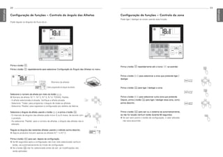23
PORTUGUESE
22
PORTUGUESE
Pode regular os ângulos do fluxo de ar.
(Número da alheta)
(Valor programado do ângulo da alheta)
Prima o botão B.
Prima o botão B repetidamente para selecionar Configuração do Ângulo das Alhetas no menu.
Selecione o número da alheta por meio do botão H I.
h Número da alheta: N.º 1, N.º 2, N.º 3, N.º 4, TODAS, Padrão.
- A alheta selecionada é ativada. Verifique a alheta ativada.
- Selecione ‘Todas’ para programar o ângulo de todas as alhetas.
- Selecione ‘Padrão’ para regressar à configuração por defeito de fábrica.
Selecione o ângulo da alheta usando o botão F G e prima o botão K.
- O intervalo de ângulos das alhetas pode incluir 5 ou 6 níveis, de acordo com
o produto.
- Ao selecionar ‘Padrão’ para o número de alhetas, o ângulo das alhetas não é
alterado.
Regule os ângulos das restantes alhetas usando o método acima descrito.
h Alguns produtos incluem apenas as alhetas N.º 1 e N.º 2.
Prima o botão L para sair, depois da configuração.
h Se 60 segundos após a configuração não tiver sido selecionado nenhum
botão, sai automaticamente do modo de configuração.
h Se o botão K não for selecionado antes de sair, as modificações não
serão aplicadas.
Configuração de funções – Controlo do ângulo das Alhetas Configuração de funções – Controlo da zona
Pode ligar / desligar as zonas usando esta função.
Prima o botão B repetidamente até o ícone se acender.
Prima o botão H I para selecionar a zona que pretende ligar /
desligar.
Prima o botão K para ligar / desligar a zona.
Prima o botão H I para selecionar outra zona que pretenda.
Depois, prima o botão K para ligar / desligar essa zona, como
acima descrito.
Prima o botão L para sair ou o sistema sai automaticamente,
se não for tocado nenhum botão durante 60 segundos.
h Se sair sem premir o botão de configuração, o valor alterado
não sera assumido.
MFL69525704,포르투칼 2017. 10. 25. 오전 9:26 페이지 22
 