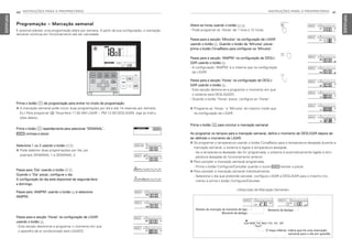 40 INSTRUÇÕES PARA O PROPRIETÁRIO
PORTUGUESE
INSTRUÇÕES PARA O PROPRIETÁRIO 41
PORTUGUESE
Ao programar os tempos para a marcação semanal, defina o momento de DESLIGAR depois de
ter definido o momento de LIGAR.
h Se programar a temperatura usando o botão Cima/Baixo para a temperatura desejada durante a
marcação semanal, o sistema é ligado à temperatura desejada.
- Se a temperatura desejada não for programada, o sistema é automaticamente ligado à tem-
peratura desejada do funcionamento anterior.
h Para cancelar a marcação semanal programada,
- Prima o botão Configurar/Cancelar quando o ícone [ estiver a piscar.
h Para cancelar a marcação semanal individualmente,
- Selecione o dia que pretende cancelar, configure LIGAR e DESLIGAR para o mesmo mo-
mento e prima o botão Configurar/Cancelar.
Prima o botão K para concluir a marcação semanal.
Momento de desligar.
O traço inferior: indica que há uma marcação
semanal para o dia em questão.
Número da marcação do momento de ligar. Momento de desligar.
<Descrição da Marcação Semanal>
Passe para a secção ‘Horas’ na configuração de DESLI-
GAR usando o botão I.
- Esta secção destina-se a programar o momento em que
o sistema será DESLIGADO.
- Quando o botão ‘Horas’ piscar, configure as ‘Horas’.
h Programe as ‘Horas ‘ e ‘Minutos’ do mesmo modo que
na configuração de LIGAR.
Altere as horas usando o botão F G.
- Pode programar as ‘Horas’ de 1 hora a 12 horas.
Passe para a secção ‘Minutos’ na configuração de LIGAR
usando o botão I. Quando o botão de ‘Minutos’ piscar,
prima o botão Cima/Baixo para configurar os ‘Minutos’.
Passe para a secção ‘AM/PM’ na configuração de DESLI-
GAR usando o botão I.
- A configuração ‘AM/PM’ é a mesma que na configuração
de LIGAR.
Programação – Marcação semanal
É possível planear uma programação diária por semana. A partir da sua configuração, a marcação
semanal continua em funcionamento até ser cancelada.
Selecione 1 ou 2 usando o botão F G.
h Pode elaborar duas programações por dia, por
exemplo SEMANAL 1 e SEMANAL 2.
Passe para ‘Dia’ usando o botão H I.
Quando o ‘Dia’ piscar, configure o dia.
A configuração do dia está disponível de segunda-feira
a domingo.
Passe para ‘AM/PM’ usando o botão G e selecione
AM/PM.
Prima o botão E repetidamente para selecionar ‘SEMANAL’.
[ começa a piscar.
Prima o botão E de programação para entrar no modo de programação.
h A marcação semanal pode incluir duas programações por dia e até 14 reservas por semana.
Ex.) Para programar [② Terça-feira 11:30 AM LIGAR ~ PM 12:30 DESLIGAR], siga as instru-
ções abaixo.
Passe para a secção ‘Horas’ na configuração de LIGAR
usando o botão I.
- Esta secção destina-se a programar o momento em que
o aparelho de ar condicionado será LIGADO.
MFL69525704,포르투칼 2017. 10. 25. 오전 9:27 페이지 40
 