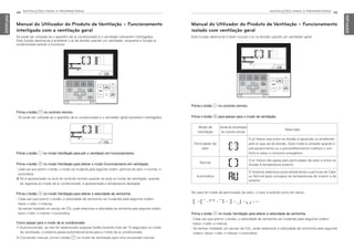 44 INSTRUÇÕES PARA O PROPRIETÁRIO
PORTUGUESE
INSTRUÇÕES PARA O PROPRIETÁRIO 45
PORTUGUESE
Manual do Utilizador do Produto de Ventilação – Funcionamento
isolado com ventilação geral
Esta função destina-se a fazer circular o ar na divisão usando um ventilador geral.
Prima o botão 2 no controlo remoto.
Prima o botão P para passar para o modo de ventilação.
Prima o botão N no modo Ventilação para alterar a velocidade da ventoinha.
- Cada vez que premir o botão, a velocidade da ventoinha vai mudando pela seguinte ordem:
baixa → alta → intensa.
- Se estiver instalado um sensor de CO2, pode selecionar a velocidade da ventoinha pela seguinte
ordem: baixa → alta → intensa → automática.
Modo de
Ventilação
Janela de visualização
do controlo remoto
Descrição
Permutador de
calor
O ar fresco que entra na divisão é aquecido ou arrefecido
pelo ar que sai da divisão. Este modo é utilizado quando o
pré-aquecimento ou o pré-arrefecimento melhora o con-
forto e reduz o consumo energético.
Normal
O ar fresco não passa pelo permutador de calor e entra na
divisão à temperatura exterior.
Automática
O Sistema seleciona automaticamente a permuta de Calor
ou Normal após comparar as temperaturas do interior e do
exterior.
Manual do Utilizador do Produto de Ventilação – Funcionamento
interligado com a ventilação geral
Só pode ser utilizada se o aparelho de ar condicionado e o ventilador estiverem interligados.
Esta função destina-se a arrefecer o ar da divisão usando um ventilador, enquanto a função ar
condicionado estiver a funcionar.
Prima o botão 1 no controlo remoto.
- Só pode ser utilizada se o aparelho de ar condicionado e o ventilador geral estiverem interligados.
Prima o botão 2 no modo Ventilação para pôr o ventilador em funcionamento.
Prima o botão P no modo Ventilação para alterar o modo funcionamento em ventilação.
- Cada vez que premir o botão, o modo vai mudando pela seguinte ordem: permuta de calor → normal →
automática.
h Só é apresentado no ecrã do controlo remoto quando se está no modo de ventilação; quando
se regressa ao modo de ar condicionado, é apresentada a temperatura desejada.
Prima o botão N no modo Ventilação para alterar a velocidade da ventoinha.
- Cada vez que premir o botão, a velocidade da ventoinha vai mudando pela seguinte ordem:
baixa → alta → intensa.
- Se estiver instalado um sensor de CO2, pode selecionar a velocidade da ventoinha pela seguinte ordem:
baixa → alta → intensa → automática.
Como passar para o modo de ar condicionado
1) Autoconversão: se não for selecionado qualquer botão durante mais de 15 segundos no modo
de ventilação, o sistema passa automaticamente para o modo de ar condicionado.
2) Conversão manual: prima o botão 1 no modo de ventilação para uma conversão manual.
No caso do modo de permutador de calor, o visor é exibido como em baixo.
→ → → → → → →
MFL69525704,포르투칼 2017. 10. 25. 오전 9:27 페이지 44
 