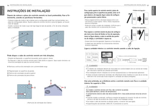 56 INSTRUÇÕES DE INSTALAÇÃO
PORTUGUESE
INSTRUÇÕES DE INSTALAÇÃO 57
PORTUGUESE
Fixe a parte superior do controlo remoto à placa de
configuração junto à superfície da parede, como na fi-
gura abaixo e, de seguida, ligue à placa de configura-
ção pressionando a parte inferior.
- Efetue a ligação de forma a não deixar espaços entre o con-
trolo remoto e a parte superior, inferior, direita e esquerda da
placa de configuração.
- Antes de montar o quadro de instalação, confirme que o
cabo não interfere com os elementos do circuito.
Para separar o controlo remoto da placa de configura-
ção insira uma chave de fendas no furo de separação,
como na figura abaixo, e rode no sentido dos pontei-
ros do relógio; o controlador é separa-se.
- Existem dois furos de separação. Separe-os um de cada vez.
- Cuidado para não danificar os componentes interiores
durante a separação
CUIDADO
• O trabalho de instalação deverá ser executado em conformidade com as normas de instala-
ção nacionais e apenas por pessoal autorizado.
• As instalações devem respeitar as normas locais/nacionais ou internacionais aplicáveis.
• Utilize condutas totalmente fechadas não inflamáveis (tubo metálico) no caso de as normas
elétricas e de construção locais exigirem a utilização de cabos protegidos.
!
CUIDADO
Ao instalar o controlo remoto com fios, não o enterre na parede.
(Isso pode danificar o sensor de temperatura.)
O comprimento total do cabo não deve exceder 50 m. (Isso pode provocar erros de comuni-
cação.)
• Quando instalar a extensão, verifique a direção da ligação do conector do lado do controlo
remoto e do lado do produto de modo a obter uma instalação correta.
• Se instalar o cabo de extensão na direção oposta, o conector não será ligado.
• Especificações da extensão: AWG 24, 3 condutores ou acima
!
Lado da
Parede
Lado da
Parede
Lado da
Parede
Lado da
Parede
<Ordem de ligação>
<Ordem de separação>
Ligue a unidade interior e o controlo remoto usando o cabo de ligação.
Use uma extensão, se a distância entre o controlo remoto com fios e a unidade
interior for superior a 10m.
Verifique se o conector está devidamente ligado.
Cabo de conexão
Lado da
Unidade
Interior
CC 12 V Vermelho
Sinal Amarelo
TERRA Preto
Depois de colocar a placa do controlo remoto no local pretendido, fixe-a fir-
memente, usando os parafusos fornecidos.
- Coloque a placa de modo a não a dobrar pois a configuração pode ficar comprometida, se a
placa de configuração dobrar. Ajuste a placa do controlo remoto à caixa de ligação, se houver
caixa de ligação.
- Instale o produto de modo a que não haja folga do lado da parede, a fim de evitar vibrações
após a instalação.
Pode dispor o cabo do controlo remoto em três direções.
- Direção da disposição: a superfície da parede, parte superior, direita.
- Se dispuser o cabo do controlo remoto para o lado direito e superior, faça-o após remover a ra-
nhura de orientação do cabo do controlo remoto.
h Remova a ranhura de orientação com a extremidade longa
① Regularização na superfície da parede
② Ranhura de orientação da parte superior
③ Ranhura de orientação da parte direita
2 2
1
3 3
<Ranhuras de orientação dos Cabos>
INSTRUÇÕES DE INSTALAÇÃO
MFL69525704,포르투칼 2017. 10. 25. 오전 9:27 페이지 56
 
