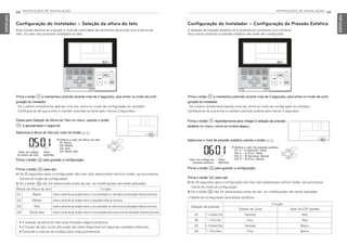 68 INSTRUÇÕES DE INSTALAÇÃO
PORTUGUESE
INSTRUÇÕES DE INSTALAÇÃO 69
PORTUGUESE
Configuração do Instalador – Configuração da Pressão Estática
A seleção da pressão estática só é possível em produtos com conduta.
Nos outros produtos a pressão estática não pode ser configurada.
Prima o botão B e mantenha-o premido durante mais de 3 segundos, para entrar no modo de confi-
guração do instalador.
- Se o premir brevemente apenas uma vez, entra no modo de configuração do utilizador.
Certifique-se de que prime e mantém premido durante pelo menos 3 segundos.
Prima o botão B repetidamente para chegar à seleção da pressão
estática no menu, como se mostra abaixo.
Selecione o nível de pressão estática usando o botão F G.
Prima o botão K para guardar a configuração.
Prima o botão L para sair.
h Se 25 segundos após a configuração não tiver sido selecionado nenhum botão, sai automatica-
mente do modo de configuração.
h Se o botão K não for selecionado antes de sair, as modificações não serão aplicadas.
Valor do código da
pressão estática
Valor
definido
❈ Defina o valor da pressão estática
01: V – A (Variável- Alta)
02: F – A (Fixo- Alta)
03: V – B (Variável- Baixa)
04: F – B (Fixo- Baixa)
Seleção da pressão
Função
Estado de Zona Valor da ESP padrão
01 V – A (Variável- Alta) Variável Alta
02 F – A (Fixo- Alta) Fixo Alta
03 V – B (Variável- Baixa) Variável Baixa
04 F – B (Fixo- Baixa) Fixo Baixa
<Tabela de configuração da pressão estática>
Configuração do Instalador – Seleção da altura do teto
Esta função destina-se a ajustar o nível de velocidade da ventoinha de acordo com a altura do
teto, no caso dos produtos instalados no teto.
Prima o botão B e mantenha-o premido durante mais de 3 segundos, para entrar no modo de confi-
guração do instalador.
- Se o premir brevemente apenas uma vez, entra no modo de configuração do utilizador.
Certifique-se de que prime e mantém premido durante pelo menos 3 segundos.
Passe para Seleção da Altura do Teto no menu, usando o botão
B; é apresentado o seguinte:
Selecione a altura do teto por meio do botão F G.
Prima o botão K para guardar a configuração.
Prima o botão L para sair.
h Se 25 segundos após a configuração não tiver sido selecionado nenhum botão, sai automatica-
mente do modo de configuração.
h Se o botão K não for selecionado antes de sair, as modificações não serão aplicadas.
Valor do código
da altura do teto
Valor
definido
❈ Defina o valor da altura do teto
01: Baixa
02: Média
03: Alta
04: Muito alta
Níveis de Altura de teto Função
01 Baixa Utilize a ventoinha da unidade interior a uma velocidade um nível abaixo da velocidade média da ventoinha.
02 Média Utilize a ventoinha da unidade interior à velocidade média da ventoinha.
03 Alta Utilize a ventoinha da unidade interior a uma velocidade um nível acima da velocidade média da ventoinha.
04 Muito alta Utilize a ventoinha da unidade interior a uma velocidade dois níveis acima da velocidade média da ventoinha.
• A seleção da altura do teto está limitada a alguns produtos.
• A função de teto muito alto pode não estar disponível em algumas unidades interiores.
• Consulte o manual do produto para mais pormenores.
MFL69525704,포르투칼 2017. 10. 25. 오전 9:27 페이지 68
 