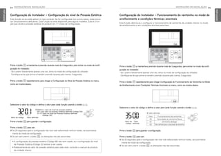 84 INSTRUÇÕES DE INSTALAÇÃO
PORTUGUESE
INSTRUÇÕES DE INSTALAÇÃO 85
PORTUGUESE
Configuração do Instalador – Funcionamento da ventoinha no modo de
arrefecimento e condições térmicas anormais
Esta função destina-se a configurar o funcionamento da ventoinha da unidade interior no modo
de arrefecimento e em condições térmicas anormais.
Selecione o valor do código e defina o valor para cada função usando o botão F G.
Prima o botão B e mantenha-o premido durante mais de 3 segundos, para entrar no modo de confi-
guração do instalador.
- Se o premir brevemente apenas uma vez, entra no modo de configuração do utilizador.
Certifique-se de que prime e mantém premido durante pelo menos 3 segundos.
Prima o botão B repetidamente para chegar Configuração do Funcionamento da Ventoinha no Modo
de Arrefecimento e em Condições Térmicas Anormais no menu, como se mostra abaixo.
Prima o botão K para guardar a configuração.
Prima o botão L para sair.
h Se 25 segundos após a configuração não tiver sido selecionado nenhum botão, sai automatica-
mente do modo de configuração.
h Se sair sem premir o botão K, as alterações não são assumidas.
Valor do
código
Valor
definido
Valor Funcionamento da ventoinha
00 Velocidade da ventoinha Baixa
01 Ventoinha desligar
02 Valor definido para a velocidade da ventoinha
h Valor definido
Configuração do Instalador – Configuração do nível de Pressão Estática
Esta função só se pode aplicar no tipo conduta. Se for configurada nos outros casos, pode provo-
car funcionamento deficiente. Esta função só está disponível para alguns modelos. Esta é a fun-
ção que divide a pressão estática do produto em 11 níveis de configuração.
Selecione o valor do código e defina o valor para cada função usando o botão F G.
Prima o botão B e mantenha-o premido durante mais de 3 segundos, para entrar no modo de confi-
guração do instalador.
- Se o premir brevemente apenas uma vez, entra no modo de configuração do utilizador.
Certifique-se de que prime e mantém premido durante pelo menos 3 segundos.
Prima o botão B repetidamente para chegar a Configuração do Nível de Pressão Estática no menu,
como se mostra abaixo.
Prima o botão K para guardar a configuração.
Prima o botão L para sair.
h Se 25 segundos após a configuração não tiver sido selecionado nenhum botão, sai automatica-
mente do modo de configuração.
h Se sair sem premir o botão K, as alterações não são assumidas.
Valor do código Valor definido
❈ Defina o valor do nível de pressão estática
00: usar valor de pressão estática definido (código 06)
01~11: Valor do nível de Pressão Estática definido
(código 32)
• A configuração da pressão estática (Código 06) não será usada, se a configuração do nível
de Pressão Estática (Código 32) estiver a ser usada.
• Relativamente ao valor de pressão estática para cada nível, consulte o manual do produto
da unidade interior.
MFL69525704,포르투칼 2017. 10. 25. 오전 9:27 페이지 84
 