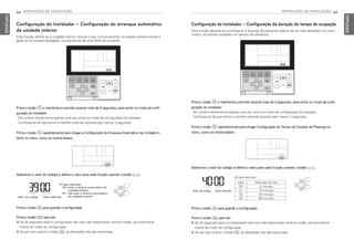 88 INSTRUÇÕES DE INSTALAÇÃO
PORTUGUESE
INSTRUÇÕES DE INSTALAÇÃO 89
PORTUGUESE
Configuração do Instalador – Configuração da duração do tempo de ocupação
Esta função destina-se a configurar a duração da presença depois de ter sido detetado um movi-
mento, se estiver instalado um sensor de presença.
Selecione o valor do código e defina o valor para cada função usando o botão F G.
Prima o botão B e mantenha-o premido durante mais de 3 segundos, para entrar no modo de confi-
guração do instalador.
- Se o premir brevemente apenas uma vez, entra no modo de configuração do utilizador.
Certifique-se de que prime e mantém premido durante pelo menos 3 segundos.
Prima o botão B repetidamente para chegar Configuração do Tempo de Duração da Presença no
menu, como se mostra abaixo.
Prima o botão K para guardar a configuração.
Prima o botão L para sair.
h Se 25 segundos após a configuração não tiver sido selecionado nenhum botão, sai automatica-
mente do modo de configuração.
h Se sair sem premir o botão K, as alterações não são assumidas.
Valor do código Valor definido
Valor Definição da hora
00 0 minutos
01 10 minutos
02 30 minutos
03 60 minutos
h Valor definido
Configuração do Instalador – Configuração do arranque automático
da unidade interior
Esta função define se a unidade interior retoma o seu funcionamento no estado anteriormente li-
gado ou no estado desligado, na sequência de uma falha de corrente.
Selecione o valor do código e defina o valor para cada função usando o botão F G.
Prima o botão B e mantenha-o premido durante mais de 3 segundos, para entrar no modo de confi-
guração do instalador.
- Se o premir brevemente apenas uma vez, entra no modo de configuração do utilizador.
Certifique-se de que prime e mantém premido durante pelo menos 3 segundos.
Prima o botão B repetidamente para chegar a Configuração do Arranque Automático da Unidade In-
terior no menu, como se mostra abaixo.
Prima o botão K para guardar a configuração.
Prima o botão L para sair.
h Se 25 segundos após a configuração não tiver sido selecionado nenhum botão, sai automatica-
mente do modo de configuração.
h Se sair sem premir o botão K, as alterações não são assumidas.
Valor do código Valor definido
❈ Valor definido
00: Usar o reinício automático da
unidade interior
01 : não usar o reinício automático
da unidade interior
MFL69525704,포르투칼 2017. 10. 25. 오전 9:27 페이지 88
 