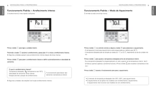 8 INSTRUÇÕES PARA O PROPRIETÁRIO
PORTUGUESE
INSTRUÇÕES PARA O PROPRIETÁRIO 9
PORTUGUESE
Prima o botão 2 no controlo remoto e depois o botão P para selecionar o aquecimento.
- A temperatura inicial para aquecimento está programada por defeito para 30 °C.
- A temperatura desejada pode ser atingida por etapas de 1 °C ou 0,5 °C, dependendo do tipo de unidade inte-
rior.
Prima o botão para ajustar a temperatura desejada acima da temperatura interior.
- Se a temperatura desejada for programada para um valor superior ao da temperatura interior, não é
emitido ar quente e apenas a ventoinha funciona. (Prima o botão J para visualizar a temperatura inte-
rior.)
Prima o botão 2 durante o funcionamento para parar o aquecimento.
• O intervalo de temperatura desejada é de 16°C~30°C, para aquecimento.
• O aquecimento só se aplica nos modelos com arrefecimento / aquecimento.
O aquecimento não funciona nos modelos só com arrefecimento.
Prima o botão 2 para ligar a unidade interior.
Premindo o botão N durante o arrefecimento, passa para ‘In’ e inicia o arrefecimento intenso.
h Algumas unidades passam para arrefecimento intenso depois de brisa intensa.
Prima o botão N para parar o arrefecimento intenso e definir automaticamente a velocidade da
ventoinha.
O que é o arrefecimento intenso?
Temperatura desejada: (temperatura real 18°C)
Velocidade da ventoinha: Brisa intensa
Direção da brisa: posição de arrefecimento
Funcionamento para baixar rapi-
damente a temperatura interior.
h Algumas unidades não dispõem da função arrefecimento intenso.
Funcionamento Padrão – Modo de Aquecimento
É emitida na sala uma brisa morna.
Funcionamento Padrão – Arrefecimento intenso
O arrefecimento é mais rápido e eficiente.
MFL69525704,포르투칼 2017. 10. 25. 오전 9:26 페이지 8
 
