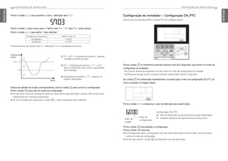 INSTRUÇÕES DE INSTALAÇÃO 103
PORTUGUESE
102 INSTRUÇÕES DE INSTALAÇÃO
PORTUGUESE
Premir o botão F, G para escolher o menu “definição valor T△”.
Premir o botão I para mover para o “definir valor T△”. O “valor T△” está a piscar.
Premir o botão F, G para definir “valor definido”.
Funcionamento de acordo com T1, definição T△ e a temperatura exterior.
Unidade da temperatura Definir limite T△
Centígrados 0~35°C
Fahrenheit 0~70°F
Temperatura
exterior
Tempo
5 ӛ5
΍
Ύ
Ώ
5
① (T1 +△T  Temperatura exterior) : apenas
utilizada a bomba de calor
② (T1  Temperatura exterior  T1 + △T) :
tanto a bomba de calor como o aquecedor
são utilizados
③ (Temperatura exterior  T1) : apenas uti-
lizado o aquecedor
Depois da seleção da função correspondente, prima o botão K para concluir a configuração.
Prima o botão L para sair do modo de configuração.
h Se não haver nenhuma entrada de botão por cerca de 25 segundos após o ajuste, este vai sair auto-
maticamente do modo de configuração.
h Se for encerrado sem pressionar o botão K, o valor manipulado não é refletido.
Configuração do Instalador – Configuração CN_PTC
Esta é uma função para definir a porta PTC da unidade interior.
Prima o botão F G e selecione o valor de definição para cada função.
Prima o botao K para guardar a configuracao.
Prima o botao L para sair.
h Se 25 segundos apos a configuracao nao tiver sido selecionado nenhum botao, sai automatica-
mente do modo de configuracao.
h Se sair sem premir o botao K, as alteracoes nao sao assumidas.
Configuração CN_PTC
00 : Normal (Bloqueio de aquecimento auxiliar desativado)
01 : Especial (Bloqueio de aquecimento auxiliar ativo)
Valor do
codigo
Valor de
configuracao
Prima o botao B e mantenha-o premido durante mais de 3 segundos, para entrar no modo de
configuracao do instalador.
- Se o premir brevemente apenas uma vez, entra no modo de configuracao do utilizador.
Certifique-se de que prime e mantem premido durante pelo menos 3 segundos.
Se o botao B for pressionado repetidamente, ira passar para o menu de configuração CN_PTC, tal
como e indicado na imagem abaixo.
MFL69525704,포르투칼 2017. 10. 25. 오전 9:27 페이지 102
 