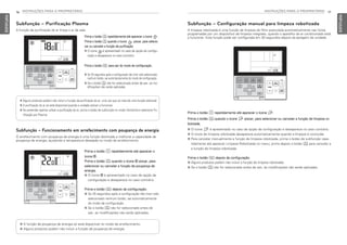 16 INSTRUÇÕES PARA O PROPRIETÁRIO
PORTUGUESE
INSTRUÇÕES PARA O PROPRIETÁRIO 17
PORTUGUESE
Subfunção – Configuração manual para limpeza robotizada
A limpeza robotizada é uma função de limpeza do filtro executada automaticamente nas horas
programadas por um dispositivo de limpeza integrado, quando o aparelho de ar condicionado está
a funcionar. Esta função pode ser configurada em 30 segundos depois da paragem da unidade.
Prima o botão C repetidamente até aparecer o ícone X.
Prima o botão K quando o ícone X piscar, para selecionar ou cancelar a função de limpeza ro-
botizada.
h O ícone X é apresentado no caso da opção de configuração e desaparece no caso contrário.
h O ícone de limpeza robotizada desaparece automaticamente quando a limpeza é concluída.
h Para cancelar manualmente a função de limpeza robotizada, prima o botão de subfunção repe-
tidamente até aparecer Limpeza Robotizada no menu; prima depois o botão K para cancelar a
a função de limpeza robotizada.
Prima o botão L depois da configuração.
h Alguns produtos podem não incluir a função de limpeza robotizada.
h Se o botão K não for selecionado antes de sair, as modificações não serão aplicadas.
Prima o botão K repetidamente até aparecer o ícone .
Prima o botão K quando o ícone piscar, para selecio-
nar ou cancelar a função de purificação.
h O ícone é apresentado no caso da opção de configu-
ração e desaparece no caso contrário.
Prima o botão L para sair do modo de configuração.
h Se 25 segundos após a configuração não tiver sido selecionado
nenhum botão, sai automaticamente do modo de configuração.
h Se o botão K não for selecionado antes de sair, as mo-
dificações não serão aplicadas.
h Alguns produtos podem não incluir a função de purificação do ar, uma vez que se trata de uma função adicional.
h A purificação do ar só está disponível quando a unidade estiver a funcionar.
h Se pretender apenas utilizar a purificação do ar, prima o botão de subfunção no modo Ventoinha e selecione Pu-
rificação por Plasma.
Prima o botão C repetidamente até aparecer o
ícone G.
Prima o botão K quando o ícone G piscar, para
selecionar ou cancelar a função de poupança de
energia.
h O ícone G é apresentado no caso da opção de
configuração e desaparece no caso contrário.
Prima o botão L depois da configuração.
h Se 25 segundos após a configuração não tiver sido
selecionado nenhum botão, sai automaticamente
do modo de configuração.
h Se o botão K não for selecionado antes de
sair, as modificações não serão aplicadas.
h A função de poupança de energia só está disponível no modo de arrefecimento.
h Alguns produtos podem não incluir a função de poupança de energia.
Subfunção – Funcionamento em arrefecimento com poupança de energia
O arrefecimento com poupança de energia é uma função destinada a melhorar a capacidade de
poupança de energia, ajustando a temperatura desejada no modo de arrefecimento.
Subfunção – Purificação Plasma
A função de purificação do ar limpa o ar da sala.
MFL69525704,포르투칼 2017. 10. 25. 오전 9:26 페이지 16
 