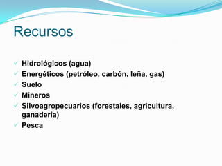 Territorio y recursosCada región cuenta con un conjunto de recursos específicos que conforman su patrimonio natural y constituyen la base de su desarrollo económico.Los recursos naturales han sido las principales fuentes de ingreso del país y son la base de nuestro actual modelo económico.Esto es el 80% del total de las exportaciones del país.