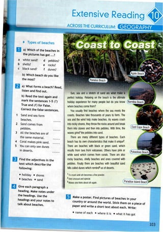 4
5
+ Types of beaches
a) Which of the beaches in
the pictures hasgot...?
a white sand? d pebbles?
b shells? e rocks?
c black sand? f dunes?
b) Which beach do you like
the most?
a) What forms a beach? Read,
listen and find out.
b) Read the text again and
mark the sentences 1-5 (T)
True and (F) for False.
Correct the false sentences.
Sand and sea form
beaches.
Sand comes from
pebbles.
All the beaches are of
the same material.
Coral makes pink sand
You can only see dunes
in deserts.
Find the adjectives in the
text which describe the
following:
• holiday
• beaches
shores
• sand
Give each paragraph a
heading. Make notes under
the headings. Use the
headings and your notes to
talk about beaches.
Extensive Reading
ACROSS THECURRICULUM: GEOGRAPHY
Sun, sea and a stretch of sand are what make a
perfect holiday. Relaxing on the beach is the ultimate
holiday experience for many people but do you know
where beaches come from?
You usually find beaches where the sea meets the
coasts. Beaches take thousands of years to form. The
sea and the wind help make beaches. As waves crash
into rocky shores, they throw the rocks around and break
them into stones and then into pebbles. With time, the
waves grind1
the pebbles into sand.
There are many different types of beaches. Each
beach has its own characteristics that make it unique2
.
There are beaches with black or green sand, which
results from lava from volcanoes. Others have pink or
white sand which comes from corals. There are also
rocky beaches, shelly beaches and ones covered with
pebbles. Finally there are beaches with beautiful sand
hills called dunes which remind3
us of deserts.
1
Tocrush until sth becomes afinepowder.
2
Very unusual and special.
3
Makes onethink about sth again.
.—^
(Paradise Island Beach^-- J
Make a poster. Find pictures of beaches in your
country or around the world. Stick them on a piece of
paper and write a short text about each. Write:
• name of each • where it is • what it has got
 