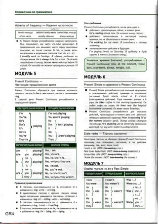 CnpaeoHHHK no rpaMMartme
Adverbs of frequency — HapeHMfl 4acroTHOCTH
never HMKoraa seldom/rarely Macro sometimes
often Macro usually o6bi4Ho always scerfla
C Present Simple ynoTpe6/ifl(OTCfl Hape4na 4acrorHocrM.
OHM noKaswsaioT, KBK Macro 4ro-;iM6o nponcxoflMr. B
npefl^TOKCHHflX OHM SaHMMaiOT M6CTO nepefl CMblC/lOBbIM
r/iaro/ioM, HO nocne rrtarona to be, a ratoxe scno-
Morare^bHbix MMOfla^bHbix maro/ios (can, do, Mr. fl.).
/ usually work on Sundays, ft o6bNno pa6omato no
BocKpeceHbnM. He is always late for school. OHBceada
onaadbiBaem B uiKo/iy. He can never wake up before 10
o'clock. OH Hi/Koeda He Moxem npocnymbca panbuue 10
ympa.
MOflY/lb 5
Present Continuous —
Hacioamee npoflo/i>KeHHoe
Present Continuous o6pa3yerca npM HOMOIMM acnoMora-
Te/ibHoro nnaro;ia to be McMbicnoBoro rnarona c oKOHManMeM
-ing.
B CBH3HOM pew Present Continuous ynorpe6/iflercfl B
coKpameHHOM cpopMe.
OTPMUATE/lbHAfl 00PMA
I'm %
You're
He's
She's
It's
We're
You're
They're t
i playing
I'm not playing
You aren't playing
He •»
She V isn't playing
It J
We -|
You > aren't playing
They J
BOriPOCMTE/lbHAfl tDOPMA KPATKMEOTBETbl
Am 1 playing?
Are you playing?
{
he ^
she >playing?
it J
f ^ 1Are < you Vplaying?
L they J
Yes, 1 am.
Yes, you are.
Yes, he/she/it is.
Yes, we/you/they are.
No, I'm not.
No, you're not.
No, he/she/it isn't.
Yes, we/you/they aren't.
DpaBH/ia npaeorwcaHMfl
• B maro/iax, oKanHMsaiomMxcfl Ha-e, onycKaercfl -eM
Ao6aB/ifieTCfl -ing: write —writing.
• B OAHOOio>KHbix maro/iax c KPBTKMM macHbiw Mex<fly
flsyMfl CQMacHbiMM yflsaMBaercfl noc/ieflHjqa coMacnasi M
flo6aB^jieTCfl -ing: sit- sitting, swim - swimming.
• B rnaro.nax, oKanHMBaramnxca na -I, yflsaMBaercfl -IM
flo6aB/ifleTCfl -ing: trove/ - travelling.
• B rnaro/iax, Ha
-'6, -ie saMeHJiercji na -y
GR4
Mflo6aB/ifleTCfl-ing: lie —lying, die - dying.
ynoTpe6/ieHne
Present Continuous ynoTpe6^fleTCfi, Korfla pe^b MABT o:
•flBMCTBHJlX,npOMCXOflfllMMX C6M4aC, B MOM6HT p64M:
He's reading a book now. OH mimaem KHuzy ceimac;
• fleMCTBMflx, npOMCxoflflmMX B HacTOflinMM nepMOfl
BP6M6HM, HO H6 o6fl3aTe/lbHO B MOM6HT p64M:
I'm working for my exam, fl eomoB/i/ocb x cBoejuy
fleMCTBMM B 6yflymeM:
I'm playing tennis on Saturday. B cy66omy a 6ydy
uzpamb B meHHuc (COZ/IOCHO n/iany).
(cnrHa^bi), ynorpe6^jieMbie c
Present Continuous: now,at the moment, these
days, at present, always, tonight, still.
MOflY/lb 6
Present Simple B cpaBHeHMM c Present Continuous
• Present Simple ynorpe6^flercji A/IH onMcaHMfl pery/iapHbix
M nOBCeflH6BHblX fleMCTBMM, npMBbWeK M nOCTOHHHblX
COCTOHHMM: Sarah starts school at 8 o'clock
(noBceflHeBHoe fleMCTBMe). Capa HanMHaer yMMTbcn B 8
yrpa. He likes coffee in the morning (npMBbNKa). OH
;no6MT Kodpe no yipaM. He lives near the hospital
(nocroHHHoe cocTOflHMe). OH XMBBT OKO^O
• Present Continuous ynorpe6.nfleTCfl p,m
fleMCTBMM, npOMCXOflflLMMX B MOM6HT p6MM M^M flBMCTBMM,
MMCKDIMMX BpeMeHHbiM xapaKTep: Peter is watching TV at
the moment (MOMBHT pe4M>. Flumep ceuwc CMompum
me/ie8u3op. He's studying Law at University (speMeHnoe
OH usywem npaBo B ynuBepcumeme.
State verbs — r/iaro/ibi
HeKoiopbie Maro^bi He o6pa3yioT 4)opMbi Present Continuous,
noci<o;ibKy OHM onMCbiBarar cocroflHMe, a He
(hanpMMep, like, want, know, love):
/ want a car. (NOT: I'm wanting a car.)
Pete loves basketball. (NOT: Roto is loving basketball.)
Jenny likes cats. (NOT: Jenny is liking cats.)
I know the answer. (NOT: I am knowing the answer.)
MOAWlb 7
CDopMbi r/iaro/ia to be B Past Simple
vTBEPflMTE/lbHAfl OTPMUATE/lbHAfl BOflPOCMTE/lbHAfl
1 was
You were
He ,
She V was
It J
We -^
You V were
TheyJ
1 wasn't
You weren't
He i
She > wasn't
It J
We i
You i- weren't
TheyJ
Was 1 ...?
Were you ...?
f he ...?
Was J she ...?
I it ...?
/•we ...?
Wer« you ...?
I they...?
 