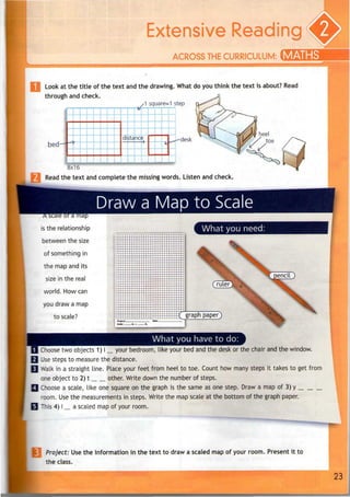 Look at the title of the text and the drawing. What do you think the text is about?Read
through and check.
A square=1 step
bed-
8x16
distano -desk
Read the text and complete the missing words. Listen and check.
Draw a Map to Scale
A scaie or a map
is the relationship
between the size
of something in
the map and its
size in the real
world. How can
you draw a map
to scale?
What you need:
graph paper}
What you have to do:
Ihoose two objects 1)i_ your bedroom, like your bedandthe desk or the chair andthe window.
Use steps to measure the distance.
Walk in a straight line. Place your feet from heel to toe. Count how many steps it takes to get from
one object to 2) t other. Write down the number of steps.
Choose a scale, like one square on the graph is the same as one step. Draw a map of 3) y
room. Usethe measurements in steps. Write the map scale at the bottom of the graph paper.
This 4) i _ a scaled map of your room.
Project: Use the information in the text to draw a scaled mapof your room. Present it to
the class.
 