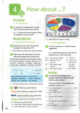 How about...?
+ TV programmes
a) Look at the TV programmes in the pie
chart. Which ones exist in your country?
b) Q Listen to the music extracts. Which
TV programme do they match?
4 Expressing likes/ dislikes
Read the pie chart. What do American
teenagers like watching on TV?
19% of American teenagers like watching dramas.
What do you like watching on TV?Use the
table andthe adjectives to tell the class.
We usecertain suffixes at the end of verbs, nouns
etc to form adjectives in English. These are: -fui J
(wonder - wonderful), -ing (disgust - disgusting), |
-able (enjoy - enjoyable), -ic (fantasy - fantastic).
love
J like
don't like
hate
great, exciting, delicious, boring, awful,
enjoyable, interesting, terrible, disgusting,
fantastic, fine, wonderful dull, horrible
/ don't like reality shows. I think they're boring.
What do you like? Discuss.
Foods pizza, hamburgers,spaghetti, fish,chicken
SpOltS: football, basketball, skiing,windsurfing
going/cinema, eating out, dancing
38
A: What's your favourite food?
B: I love pizza! I think it's great. What about you?
A: I like hamburgers. They are fantastic.
US Teens TV viewing Habits
•1 Source: ABADivision forpublic education
> 1 abbreviation for situation comedy.
+ Making suggestions
a) Look at sentences 1-4. Which express
suggestions?
b) Q Match the sentences (1-4) with the
responses (a-d). Listen and check.
Are you free tonight?
Would you like to
joinme?
What about a pop
concert?
How about a pizza?
a
b
c
I think so.
Count me in!
Pop music is
not really
my thing.
No, thanks.
a) Read the first exchangein the
dialogue. What do you expect to read?
Read through and check.
b) Read and listen to the dialogue and
complete sentences 1-5.
1 Tony wants to go to with
David tonight.
2 David doesn't like ,
and
3 David wants to watch a
on TV.
4 Tony decides to go to David's
at 7:30.
5 David suggests for dinner.
 