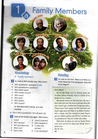Family Members
Family members
a) Look at Bill's family tree. Whois/are:
Bill's grandfather (grandpa)? >Tom
Bill's grandmother (grandma)?
Bill's father (dad)?
Bill's mother (mum)?
Bill's uncle?
Bill's aunt?
Bill's sisters?
Bill's cousins?
b) Talk about Bill's family, asin the
example.
Tom is Bill's grandfather. He's68 years old.
Look at the family tree again. Whois/are:
a) Look at the text. What is it? Who is it
from? Read the first paragraph. Does Bill
know Miguel?
1 twins? 6
2 Bill's parents? 7
3 Bill's grandparents? 8
4 Mike's son?
5 Sam's wife? 9
Janet's husband?
Sue's daughters?
in their late
thirties?
in his mid forties?
Dear Miguel,
Hi! I'm Bill Phelps and I'm thirteen years old.
I'm from Sydney,Australia. Here is a photo of my
family and our relatives.
My parents'names are Sue and Sam.My dad is
short with dark hair. My mum is tall with short, fair
hair. I haven't got a brother but I've got two sisters.
They're twins. Their names are Kim and Kate and
they're eight years old. Mike is my father's brother.
He's a doctor and he's married to Janet. They've
got two children,Johnny and Gill.Tom and Beth are
my grandparents.They are in their late sixties.
Well, that's all about me and my family. Please
write soon and tell me about your family. Send a
picture, too.
Bye for now,
Bill
 