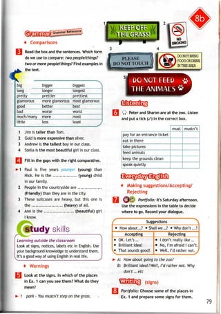Grammar Grammar Reference^
«r
* Comparisons
^
Read the box and the sentences. Which form
do we useto compare: two people/things?
two or more people/things? Find examples in
the text.
Jbig
long
pretty
glamorous
good
bad
much/many
little
bigger
longer
prettier
more glamorous
better
worse
more
less
biggest
longest
prettiest
:
most glamorous
best
worst
most
least
J
1 Jim is taller thanTom.
2 Gold is more expensive than silver.
3 Andrew is the tallest boy in our class.
4 Stella is the most beautiful girl in our class.
Fill in the gaps with the right comparative.
Paul is five years younger (young) than
Nick. He is the ................. (young) child
in our family.
People in the countryside are .................
(friendly) than they are in the city.
These suitcases are heavy, but this one is
the ...................... (heavy) of all.
Ann is the ..................... (beautiful) girl
I know.
study skills
Learning outside the classroom
Look at signs, notices, labels etc in English. Use
your backgroundknowledge to understand them.
It's a good way of using English in real life.
^ _ ^/
4 Warnings
q Look at the signs. Inwhich of the places
in Ex. 1 can you see them? What do they
mean?
7 park - You mustn't step on the grass.
DONOT BRING
FOODOR DRINK
IN THISAREA
DO NOT FEEfo
THE ANIMALS'
Q Peter andSharon are at the zoo. Listen
and put a tick (/) in the correct box.
pay for an entrance ticket
eat in there
take pictures
feed animals
keep the groundsclean
speak quietly
must | mustn't
4 Making suggestions/Accepting/
Rejecting
] @6 Portfolio: It's Saturday afternoon.
Use the expressions in the table to decide
where to go. Record your dialogue.
Suggestions
• How about...? • Shall we...? • Why don't ...?
Accepting
• OK. Let's ...
• Brilliant idea!
U That sounds good!
Rejecting
• I don't really like...
• No, I'mafraid I can't.
• Well, I'd rather not.y
A: How about going to the zoo?
B: Brilliant idea!/Well, I'd rather not. Why
don't... etc
(signs)
| Portfolio: Choose some of the places in
Ex. 1 and prepare some signs for them.
 