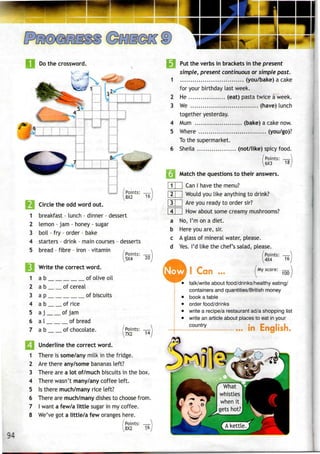 Do the crossword.
1
2
3
4
5
1
2
3
4
5
6
7
El
1
2
3
4
5
6
7
8
.'*•••
Points: —
8X2 16
Circle the odd word out.
breakfast - lunch - dinner - dessert
lemon - jam - honey - sugar
boil - fry - order - bake
starters - drink - main courses - desserts
bread - fibre - iron - vitamin
Points: —
5X4 20
Write the correct word.
ab of olive oil
a b of cereal
ap of biscuits
a b of rice
a j of jam
a I of bread
a b of chocolate. / Points: —
^7X2 14
Underline the correct word.
There is some/any milk in the fridge.
Are there any/some bananas left?
There are a lot of/much biscuits in the box.
There wasn't many/any coffee left.
Is there much/many rice left?
There are much/many dishesto choose from.
I want a few/a little sugar in my coffee.
We've got a little/a few oranges here.
Points: —
8X2 16
94
2
3
4
5
Put the verbs in brackets in the present
simple, present continuous or simple past,
(you/bake)a cake
for your birthday last week.
He (eat) pasta twice a week.
We (have) lunch
together yesterday.
Mum (bake) a cake now.
Where (you/go)?
To the supermarket.
Sheila (not/like) spicy food.
/Points:
6X3
Match the questions to their answers.
11 | | Can I have the menu?
| 2 | | Would you like anything to drink?
| 3 | | Are you ready to order sir?
|4| | How about some creamy mushrooms?
a No, I'm on a diet.
b Here you are, sir.
c A glass of mineral water, please.
d Yes.I'd like the chef's salad, please.
/Points:
4X4
18
16
Now I Can My score: _
talk/write about food/drinks/healthy eating/
containers and quantities/British money
book a table
order food/drinks
write a recipe/a restaurant ad/a shopping list
write an article about places to eat in your
country
in English.
 
