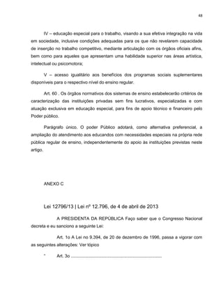 48
IV – educação especial para o trabalho, visando a sua efetiva integração na vida
em sociedade, inclusive condições adequadas para os que não revelarem capacidade
de inserção no trabalho competitivo, mediante articulação com os órgãos oficiais afins,
bem como para aqueles que apresentam uma habilidade superior nas áreas artística,
intelectual ou psicomotora;
V – acesso igualitário aos benefícios dos programas sociais suplementares
disponíveis para o respectivo nível do ensino regular.
Art. 60 . Os órgãos normativos dos sistemas de ensino estabelecerão critérios de
caracterização das instituições privadas sem fins lucrativos, especializadas e com
atuação exclusiva em educação especial, para fins de apoio técnico e financeiro pelo
Poder público.
Parágrafo único. O poder Público adotará, como alternativa preferencial, a
ampliação do atendimento aos educandos com necessidades especiais na própria rede
pública regular de ensino, independentemente do apoio às instituições previstas neste
artigo.
ANEXO C
Lei 12796/13 | Lei nº 12.796, de 4 de abril de 2013
A PRESIDENTA DA REPÚBLICA Faço saber que o Congresso Nacional
decreta e eu sanciono a seguinte Lei:
Art. 1o A Lei no 9.394, de 20 de dezembro de 1996, passa a vigorar com
as seguintes alterações: Ver tópico
“ Art. 3o ...........................................................................
 
