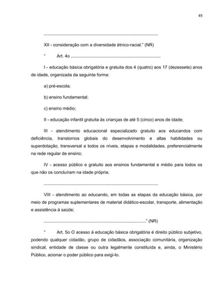 49
..............................................................................................
XII - consideração com a diversidade étnico-racial.” (NR)
“ Art. 4o ..........................................................................
I - educação básica obrigatória e gratuita dos 4 (quatro) aos 17 (dezessete) anos
de idade, organizada da seguinte forma:
a) pré-escola;
b) ensino fundamental;
c) ensino médio;
II - educação infantil gratuita às crianças de até 5 (cinco) anos de idade;
III - atendimento educacional especializado gratuito aos educandos com
deficiência, transtornos globais do desenvolvimento e altas habilidades ou
superdotação, transversal a todos os níveis, etapas e modalidades, preferencialmente
na rede regular de ensino;
IV - acesso público e gratuito aos ensinos fundamental e médio para todos os
que não os concluíram na idade própria;
..............................................................................................
VIII - atendimento ao educando, em todas as etapas da educação básica, por
meio de programas suplementares de material didático-escolar, transporte, alimentação
e assistência à saúde;
....................................................................................” (NR)
“ Art. 5o O acesso à educação básica obrigatória é direito público subjetivo,
podendo qualquer cidadão, grupo de cidadãos, associação comunitária, organização
sindical, entidade de classe ou outra legalmente constituída e, ainda, o Ministério
Público, acionar o poder público para exigi-lo.
 