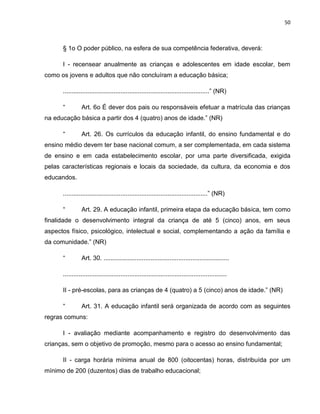 50
§ 1o O poder público, na esfera de sua competência federativa, deverá:
I - recensear anualmente as crianças e adolescentes em idade escolar, bem
como os jovens e adultos que não concluíram a educação básica;
....................................................................................” (NR)
“ Art. 6o É dever dos pais ou responsáveis efetuar a matrícula das crianças
na educação básica a partir dos 4 (quatro) anos de idade.” (NR)
“ Art. 26. Os currículos da educação infantil, do ensino fundamental e do
ensino médio devem ter base nacional comum, a ser complementada, em cada sistema
de ensino e em cada estabelecimento escolar, por uma parte diversificada, exigida
pelas características regionais e locais da sociedade, da cultura, da economia e dos
educandos.
...................................................................................” (NR)
“ Art. 29. A educação infantil, primeira etapa da educação básica, tem como
finalidade o desenvolvimento integral da criança de até 5 (cinco) anos, em seus
aspectos físico, psicológico, intelectual e social, complementando a ação da família e
da comunidade.” (NR)
“ Art. 30. ........................................................................
..............................................................................................
II - pré-escolas, para as crianças de 4 (quatro) a 5 (cinco) anos de idade.” (NR)
“ Art. 31. A educação infantil será organizada de acordo com as seguintes
regras comuns:
I - avaliação mediante acompanhamento e registro do desenvolvimento das
crianças, sem o objetivo de promoção, mesmo para o acesso ao ensino fundamental;
II - carga horária mínima anual de 800 (oitocentas) horas, distribuída por um
mínimo de 200 (duzentos) dias de trabalho educacional;
 
